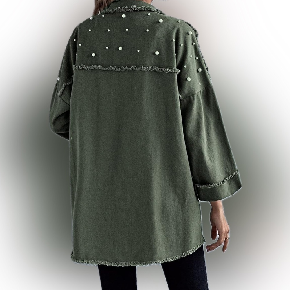NWOT - La La Factory | army green | raw edges | accent faux pearls | Size Small - Picture 4 of 7
